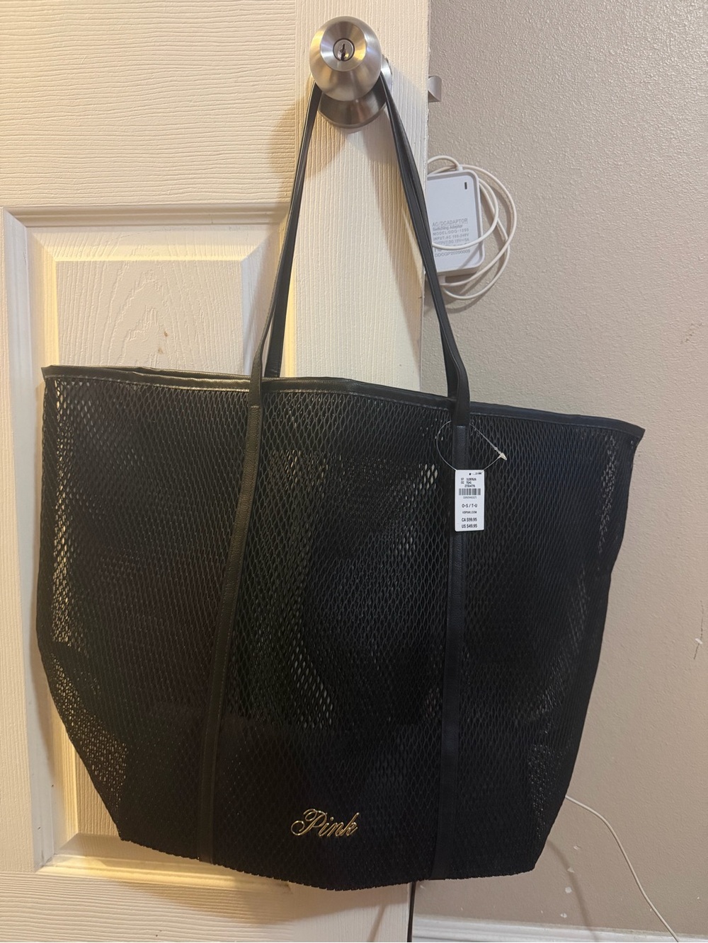 PINK Victoria's Secret Black Mesh Tote with Gold Logo